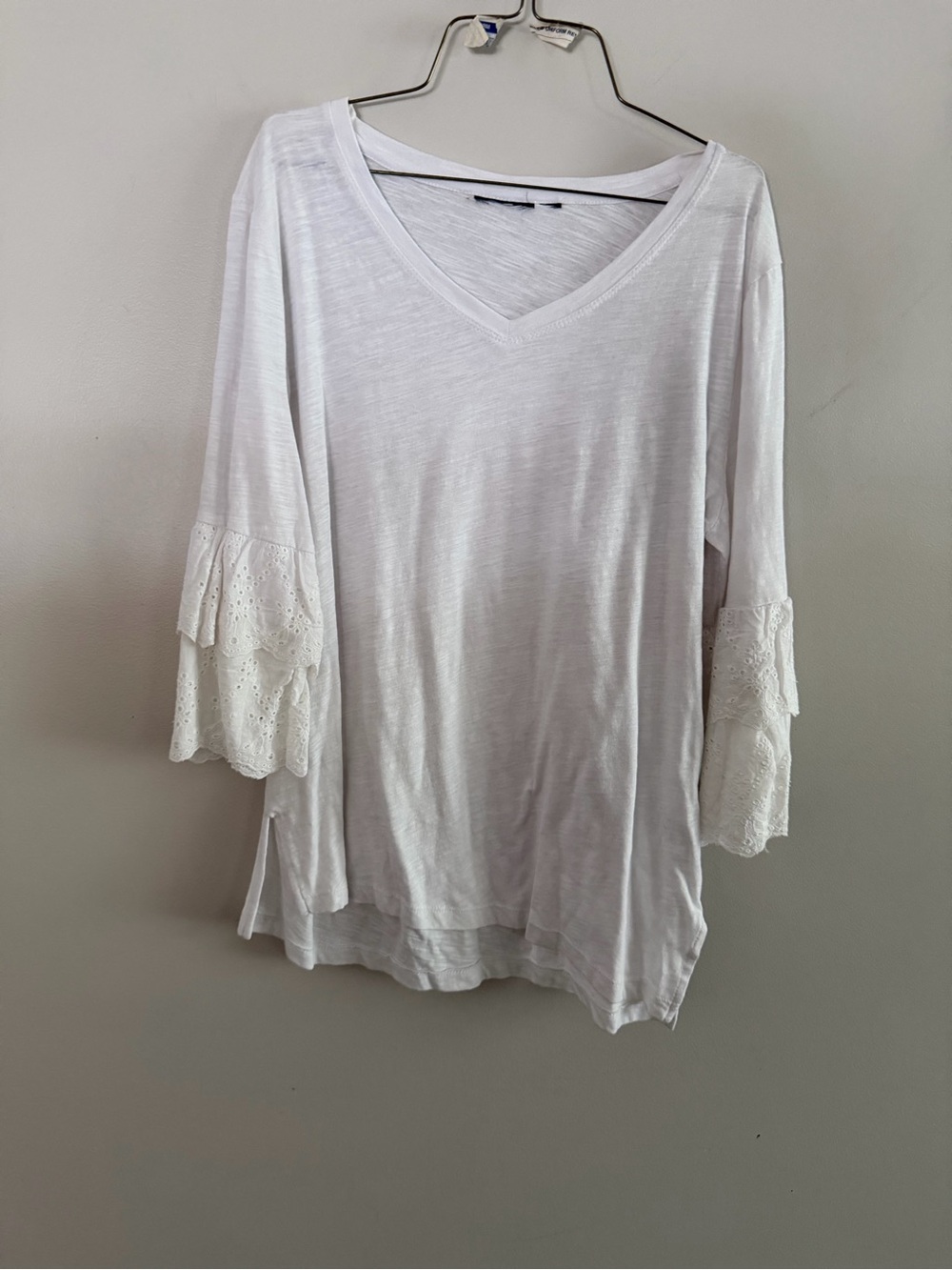 White V-Neck Bell Sleeve Top with Eyelet Detail